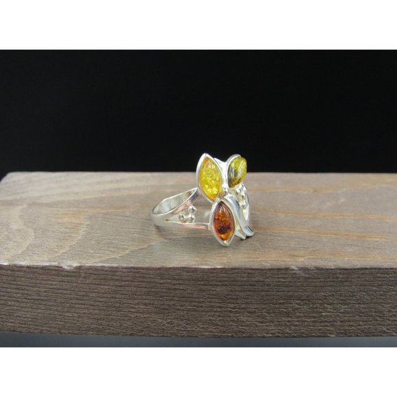 Size 9 Sterling Silver Triple Amber Floral Design Band Ring Vintage Statement - Picture 2 of 8